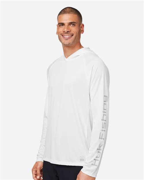 HUK H12L010 Men's LoPro Pursuit Long Sleeve Hooded T-Shirt - White - model side