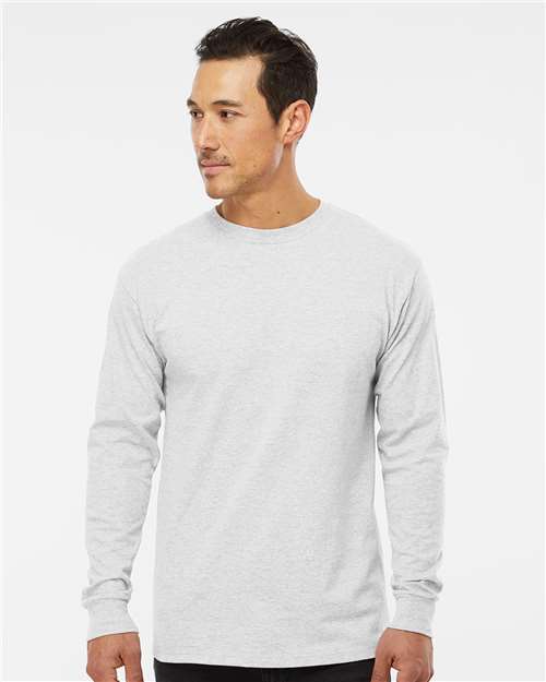 M&O 4820 Unisex Gold Soft Touch Long Sleeve T-Shirt - Ash - model front