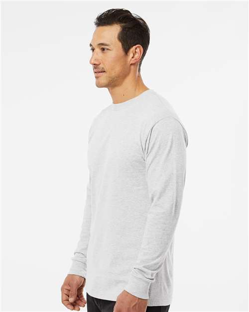 M&O 4820 Unisex Gold Soft Touch Long Sleeve T-Shirt - Ash - model side