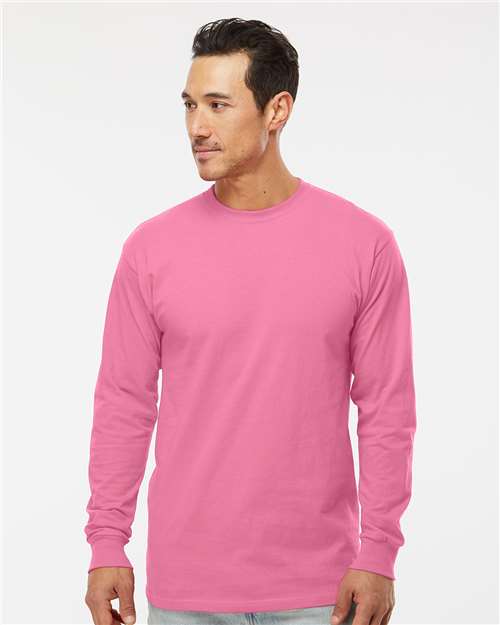 M&O 4820 Unisex Gold Soft Touch Long Sleeve T-Shirt - Azalea - model front