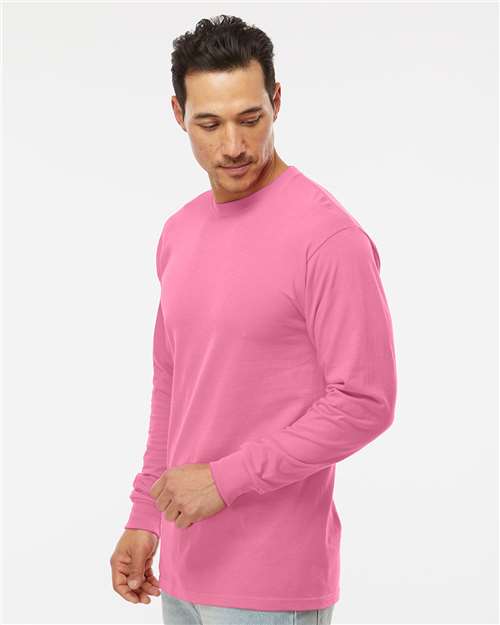 M&O 4820 Unisex Gold Soft Touch Long Sleeve T-Shirt - Azalea - model side