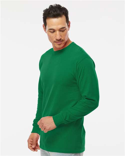 M&O 4820 Unisex Gold Soft Touch Long Sleeve T-Shirt - Fine Kelly Green - model side