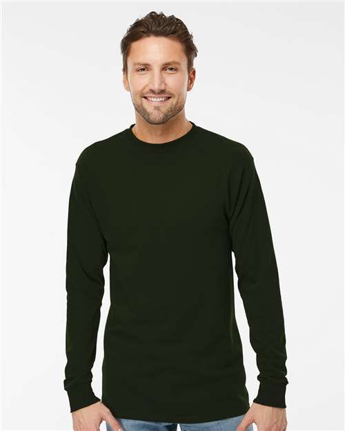 M&O 4820 Unisex Gold Soft Touch Long Sleeve T-Shirt - Forest Green - model front