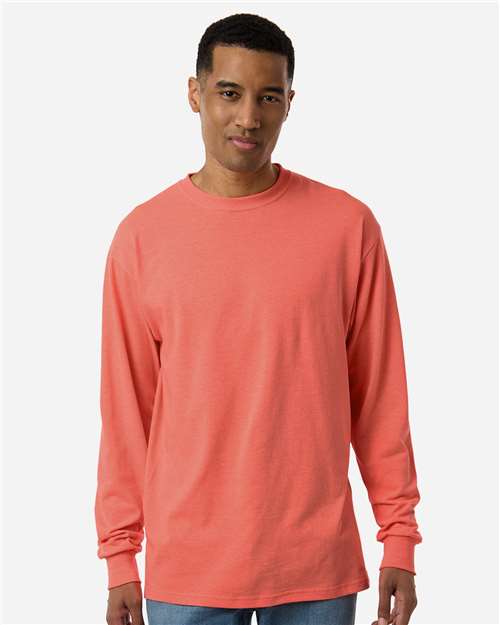 M&O 4820 Unisex Gold Soft Touch Long Sleeve T-Shirt - Heather Coral - model front