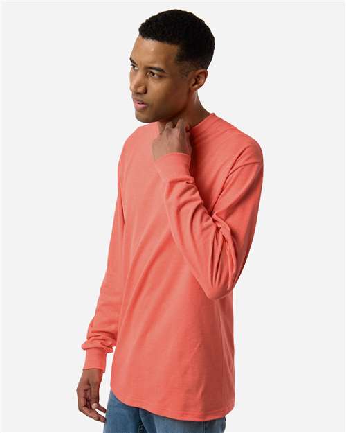 M&O 4820 Unisex Gold Soft Touch Long Sleeve T-Shirt - Heather Coral - model side