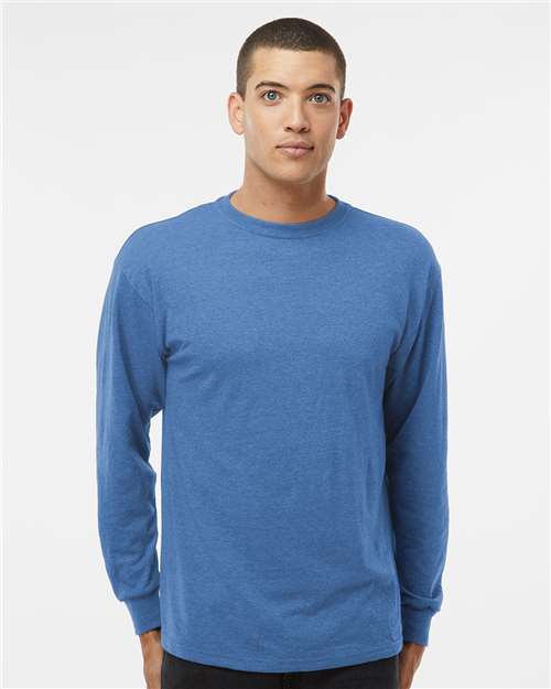 M&O 4820 Unisex Gold Soft Touch Long Sleeve T-Shirt - Heather Royal - model front