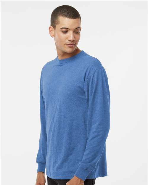 M&O 4820 Unisex Gold Soft Touch Long Sleeve T-Shirt - Heather Royal - model side