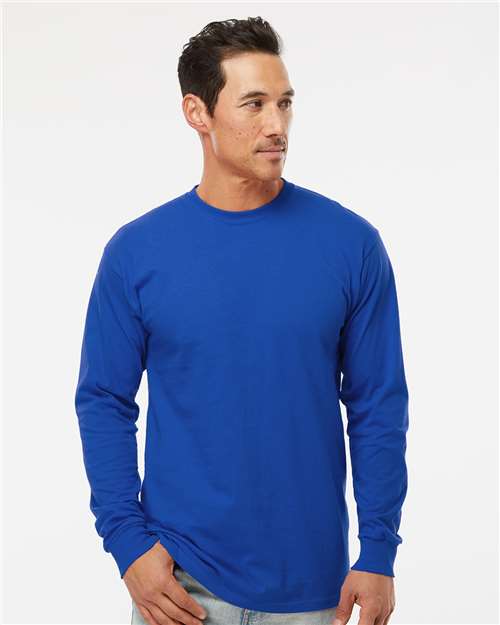 M&O 4820 Unisex Gold Soft Touch Long Sleeve T-Shirt - Royal - model front