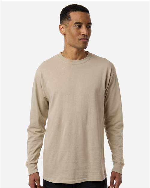 M&O 4820 Unisex Gold Soft Touch Long Sleeve T-Shirt - Sand - model front