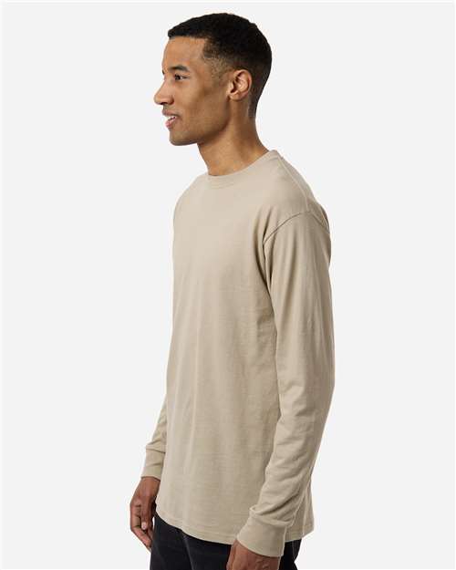 M&O 4820 Unisex Gold Soft Touch Long Sleeve T-Shirt - Sand - model side
