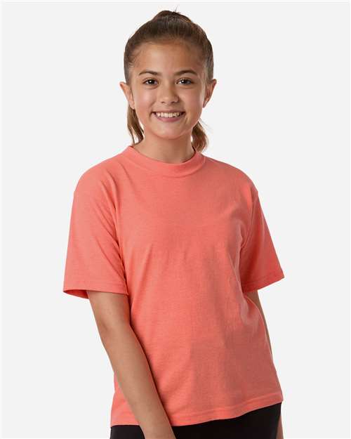 M&O 4850 Youth Gold Soft Touch T-Shirt - Heather Coral - model front