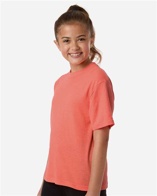 M&O 4850 Youth Gold Soft Touch T-Shirt - Heather Coral - model side