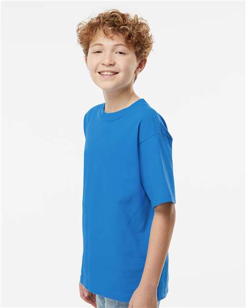 M&O 4850 Youth Gold Soft Touch T-Shirt - Ocean Blue - model side