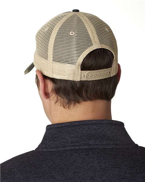 Adams Headwear OL102 Ollie Distressed Trucker Cap - Jungle Camo/ Tan - model back