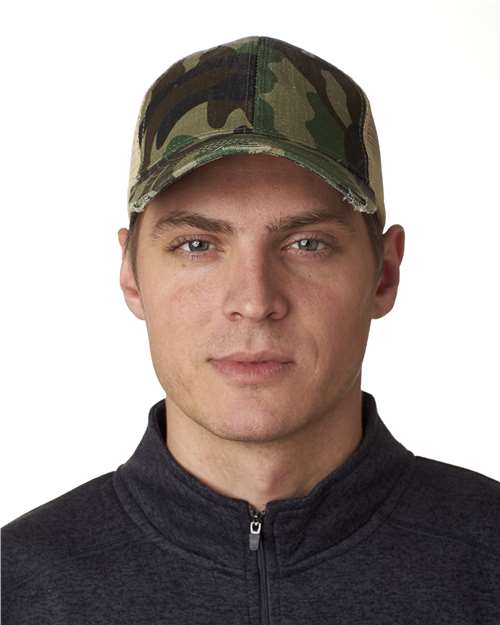 Adams Headwear OL102 Ollie Distressed Trucker Cap - Jungle Camo/ Tan - model front