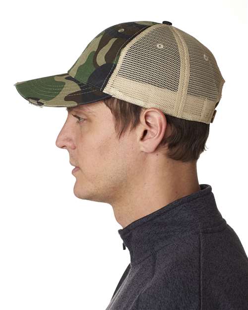 Adams Headwear OL102 Ollie Distressed Trucker Cap - Jungle Camo/ Tan - model side