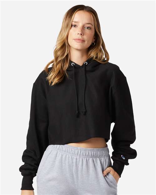 Champion RW01W Women's Reverse Weave Hooded Cropped Sweatshirt - Black - model front