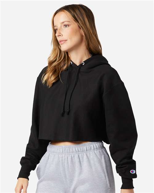 Champion RW01W Women's Reverse Weave Hooded Cropped Sweatshirt - Black - model side
