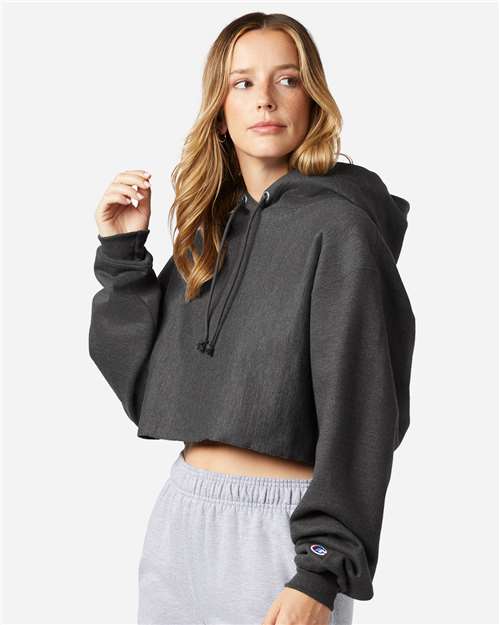 Champion RW01W Women's Reverse Weave Hooded Cropped Sweatshirt - Charcoal Heather - model side