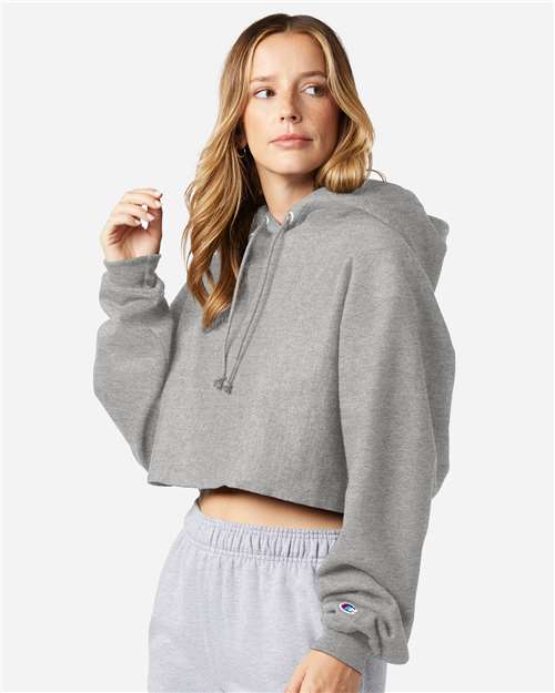 Champion RW01W Women's Reverse Weave Hooded Cropped Sweatshirt - Oxford Grey - model side