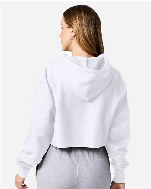 Champion RW01W Women's Reverse Weave Hooded Cropped Sweatshirt - White - model back