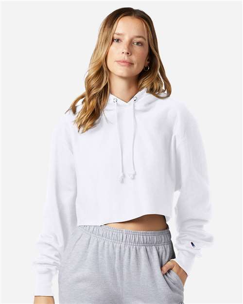 Champion RW01W Women's Reverse Weave Hooded Cropped Sweatshirt - White - model front