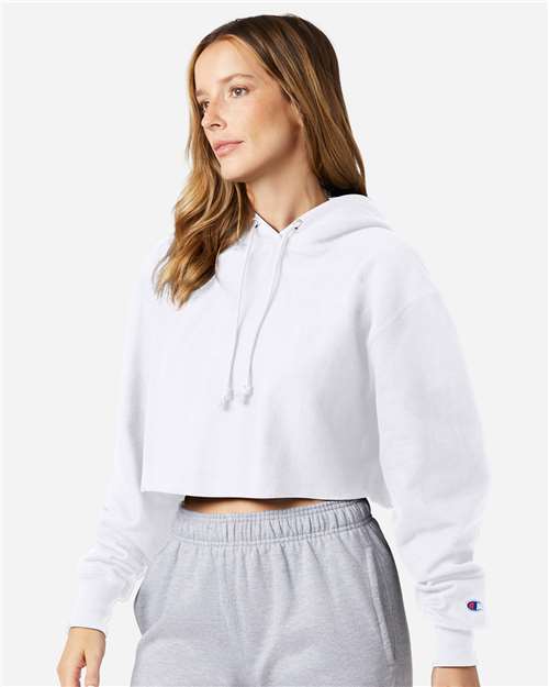 Champion RW01W Women's Reverse Weave Hooded Cropped Sweatshirt - White - model side
