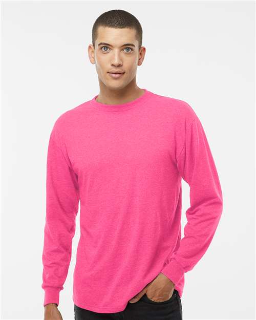 M&O 4820 Unisex Gold Soft Touch Long Sleeve T-Shirt - Neon Pink - model front