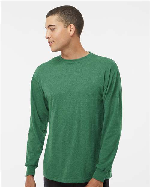 M&O 4820 Unisex Gold Soft Touch Long Sleeve T-Shirt - Heather Kelly Green - model front