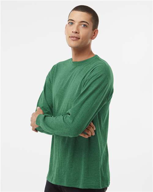 M&O 4820 Unisex Gold Soft Touch Long Sleeve T-Shirt - Heather Kelly Green - model side