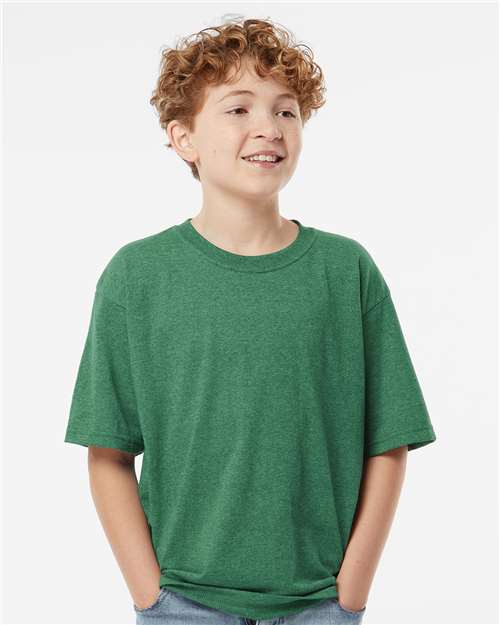 M&O 4850 Youth Gold Soft Touch T-Shirt - Heather Kelly Green - model front