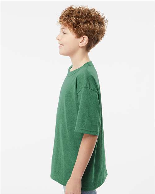 M&O 4850 Youth Gold Soft Touch T-Shirt - Heather Kelly Green - model side