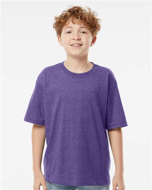 M&O 4850 Youth Gold Soft Touch T-Shirt - Heather Purple - model front