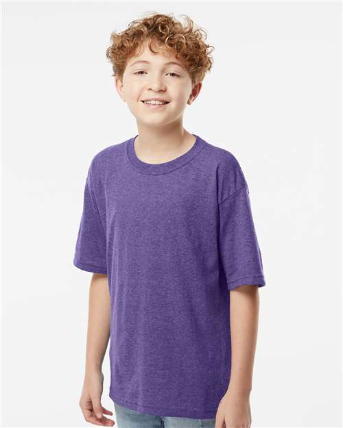 M&O 4850 Youth Gold Soft Touch T-Shirt - Heather Purple - model side