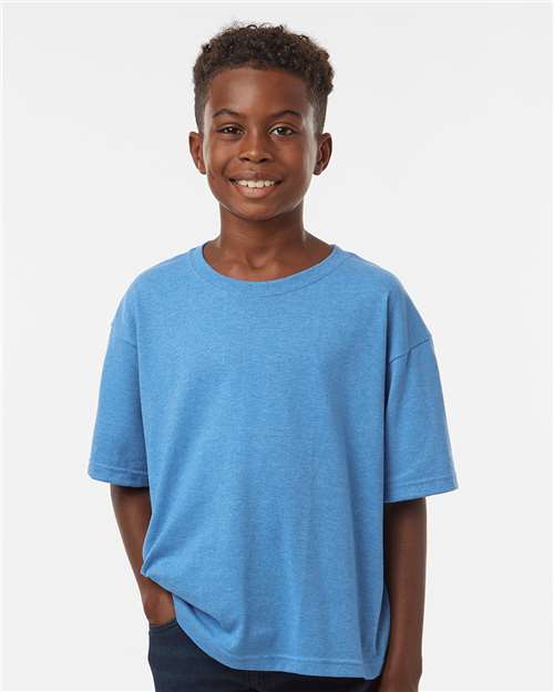 M&O 4850 Youth Gold Soft Touch T-Shirt - Heather Turquoise - model front