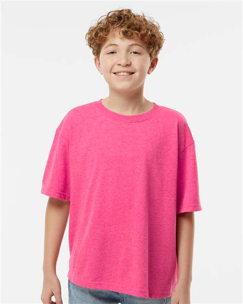 M&O 4850 Youth Gold Soft Touch T-Shirt - Neon Pink - model front