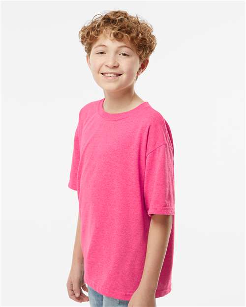M&O 4850 Youth Gold Soft Touch T-Shirt - Neon Pink - model side