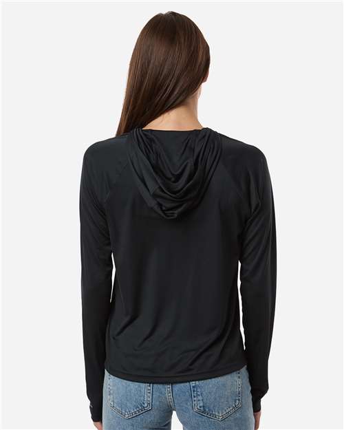Columbia 216061 Women's PFG Tidal Tee Hooded Long Sleeve - Black/ Cool Grey - model back