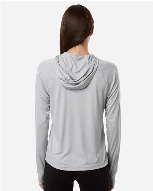 Columbia 216061 Women's PFG Tidal Tee Hooded Long Sleeve - Cool Grey/ Vivid Blue - model back
