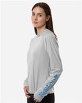 Columbia 216061 Women's PFG Tidal Tee Hooded Long Sleeve - Cool Grey/ Vivid Blue - model side