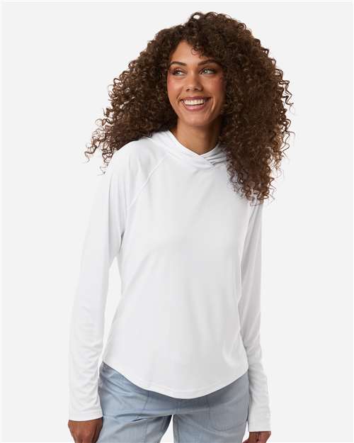Columbia 216061 Women's PFG Tidal Tee Hooded Long Sleeve - White/ Nightshade - model front