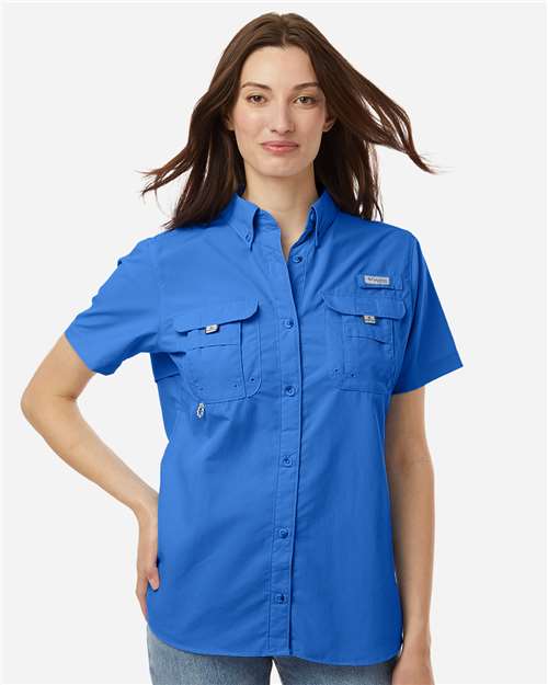 Columbia 212473 Women's PFG Bahama Short Sleeve Shirt - Vivid Blue - model front