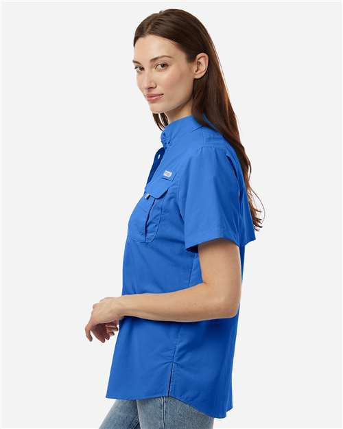 Columbia 212473 Women's PFG Bahama Short Sleeve Shirt - Vivid Blue - model side