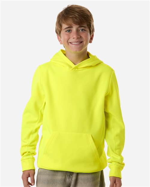 Team 365 TT400Y Youth Squad Hooded Tech Fleece Pullover - Safety Yellow - model front