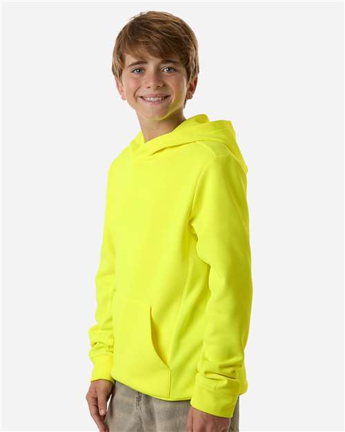 Team 365 TT400Y Youth Squad Hooded Tech Fleece Pullover - Safety Yellow - model side