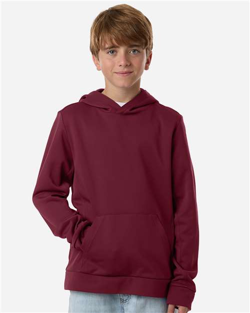 Team 365 TT400Y Youth Squad Hooded Tech Fleece Pullover - Sport Maroon - model front