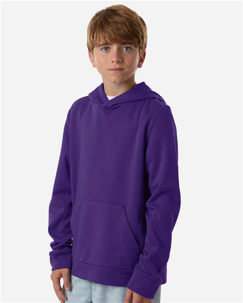 Team 365 TT400Y Youth Squad Hooded Tech Fleece Pullover - Sport Purple - model side