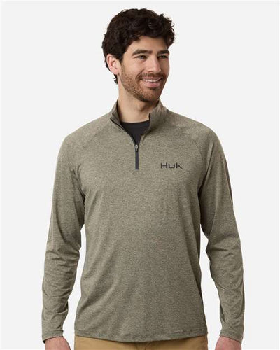 HUK H1200715 Men's Airweight Heather Quarter-Zip Pullover - Heather Moss - model front