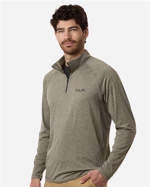 HUK H1200715 Men's Airweight Heather Quarter-Zip Pullover - Heather Moss - model side