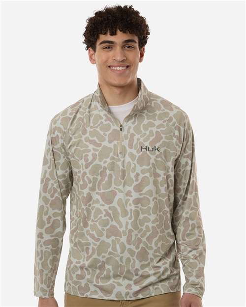 HUK H1200720 Men's Airweight KC Printed Quarter-Zip Pullover - Sand - model front